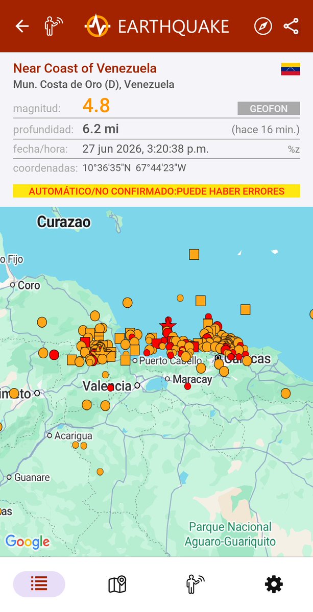 Rossyluz's tweet photo. hace 16 min. #terremoto 4.8  cerca de Mun. Costa de Oro (D), Venezuela, 27 jun 2026, 3:20:38 p.m. %z (GEOFON) https://t.co/qj0mX2ewjY

(fuente: geofon. Estos datos son automáticos y no están confirmados por sismólogos. Pueden ocurrir errores) https://t.co/5RwKEdKX7R