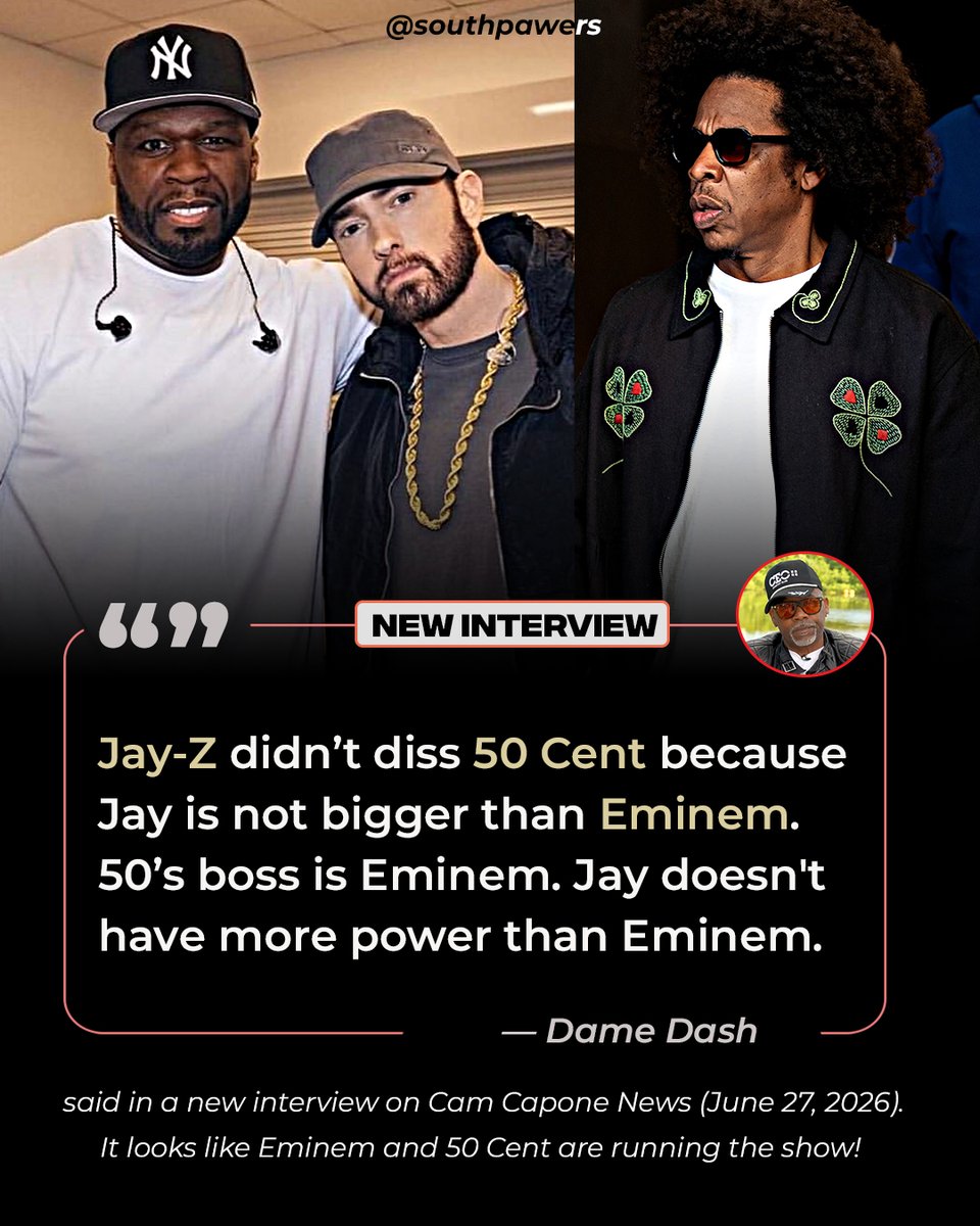 Southpawer's tweet photo. In a new interview, Dame Dash says Jay-Z avoided dissing 50 Cent in his recent "Roots Picnic" freestyle because of Eminem 👀 https://t.co/8Ch3GllxVK