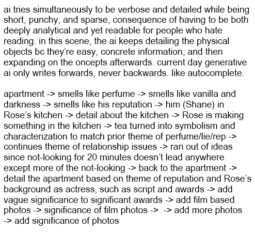Kiseichew's tweet photo. AI writes like it's paid per word yet trying for restraint. AI pattern matches &amp; generates based off humans, so detection needs both familiarity &amp; intuiting patterns before proof. Intuition isn't consistent btwn people or 100% right, but here's what I perceive in this AI pattern https://t.co/1stjVeHnq5