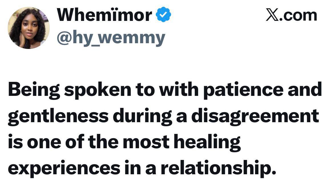 instablog9ja's tweet photo. This is one of the most healing experiences in a relationship — Media Personality Wemmy https://t.co/WqUGe8L7lH