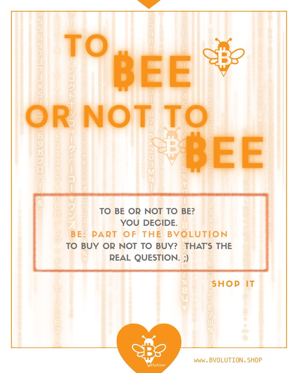Bvolution_shop's tweet photo. 🐝 TO ₿EE OR NOT TO ₿EE?

Bitcoin-inspired streetwear.
Positive messages.
Your choice. 😉

Be: Part of the ₿volution.

#bitcoin #btc #bitcoiner #bvolution

🇩🇪 Full German version on Instagram. https://t.co/nCY2NxvPyL