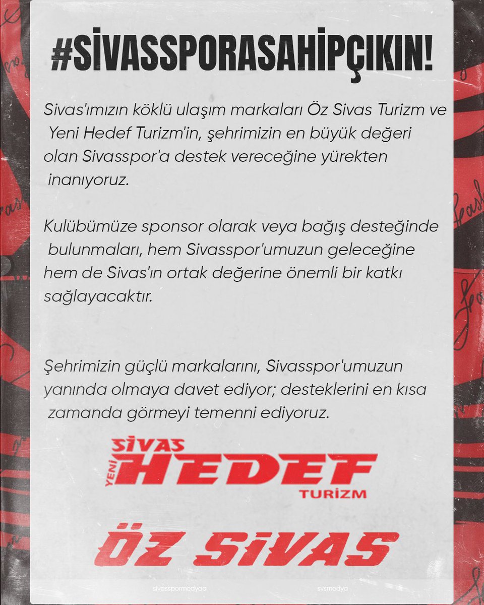 svsmedya's tweet photo. Sivas'ımızın köklü ulaşım markaları Öz Sivas Turizm ve Yeni Hedef Turizm'in, şehrimizin en büyük değeri olan Sivasspor'a destek vereceğine yürekten inanıyoruz. https://t.co/Eva7SP7Lyy