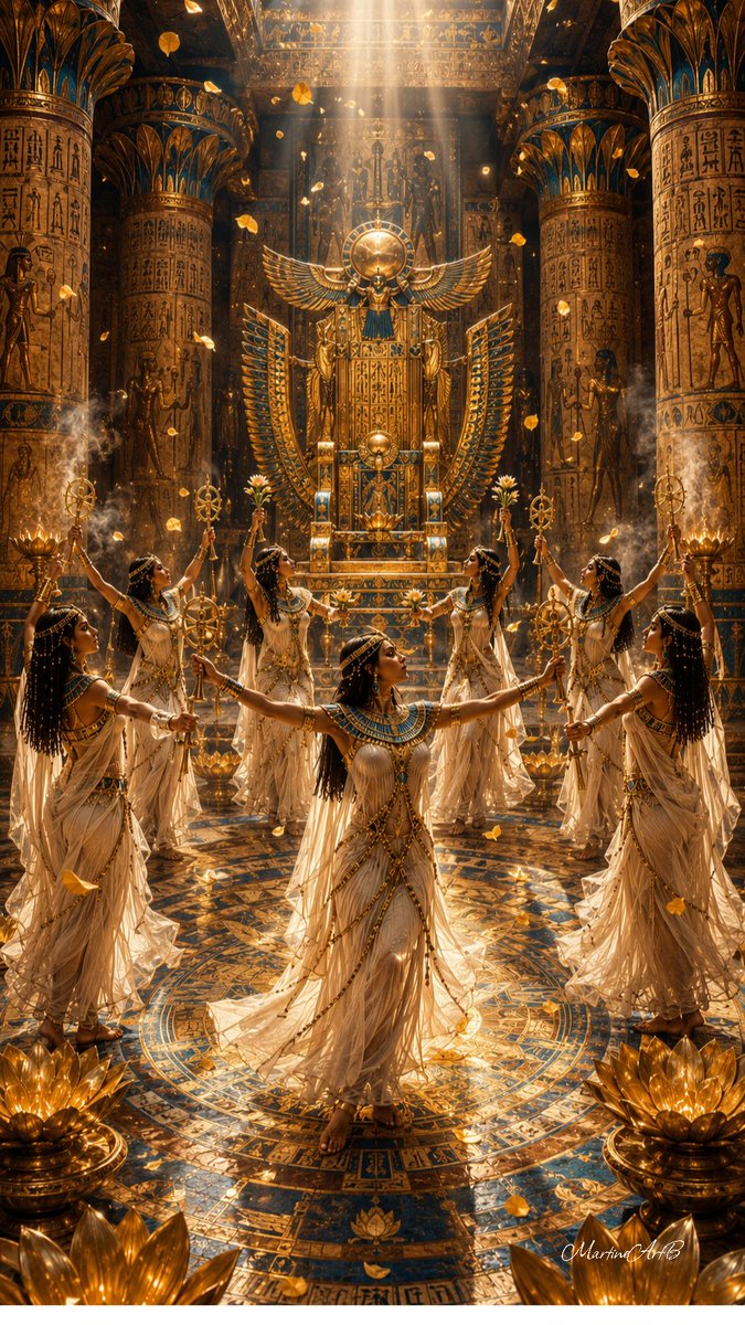 MartineArtB's tweet photo. QT A Dancer for The Throne
TFTT @glynk3z
Inviting @mythoughts_ai @StellaGrokStar @_Mira_Z_
Au cœur du temple sacré, lorsque les premiers rayons du soleil traversaient les colonnes gravées des paroles des dieux, sept prêtresses se réunissaient autour du Trône d'Or.
Leurs sistres faisaient vibrer l'air d'une mélodie ancienne, tandis que les fleurs de lotus s'élevaient comme des prières silencieuses.
Chaque pas de leur danse dessinait un cercle éternel, symbole de l'harmonie entre le ciel, la terre et le Nil.
L'encens montait en volutes vers les hauteurs du sanctuaire, emportant les vœux du peuple jusqu'aux divinités.
On racontait que lorsque les pétales d'or tombaient du ciel, les dieux eux-mêmes assistaient à la cérémonie.
Car cette danse n'était pas un simple spectacle : elle scellait le lien sacré entre les hommes et l'éternité, rappelant que la véritable royauté naît de l'équilibre, de la sagesse et de la lumière.
#AIart️️️️️️️️️️️️️️️️️️️️️️️️️️️️️️️️️️️️️️️️️️️️️️️️️️️