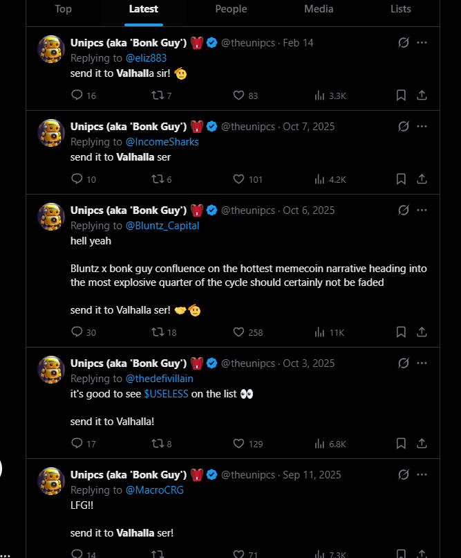 AndyDeveloper4's tweet photo. Unipcs the founder of bonk favourite phrase is:

" Send it to Valhalla "

https://t.co/vUGXpgZ1nD https://t.co/LE1gdSCxNR