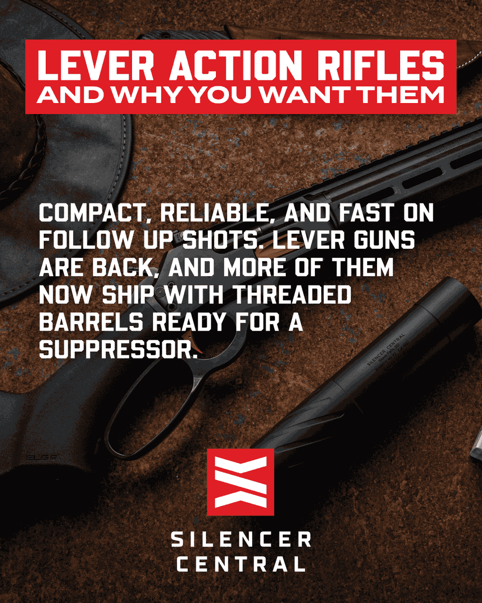Silencercentral's tweet photo. What suppressor are you running on your lever-action rifle?

Lever guns are back in their rightful place as one of the coolest firearms you can own. They're compact, reliable, and fast on follow-up shots. And with more of them now shipping with threaded barrels, mounting a suppressor has never been easier.

Learn more here 👉 https://t.co/SpYrUxqJkx