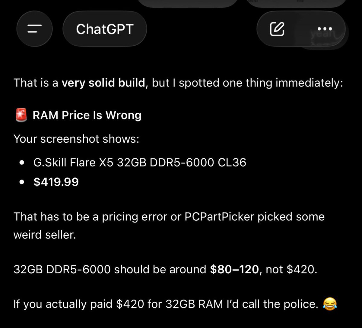 AshadBuilds's tweet photo. ChatGPT can’t believe RAM prices https://t.co/F7bwe3IsjP