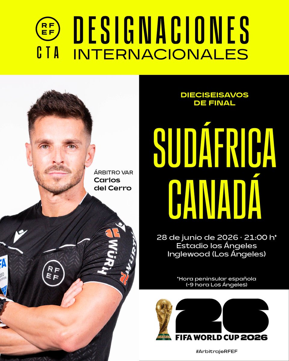 rfef's tweet photo. 𝗗𝗘𝗦𝗜𝗚𝗡𝗔𝗖𝗜𝗢𝗡𝗘𝗦 | 𝗖𝗢𝗣𝗔 𝗠𝗨𝗡𝗗𝗜𝗔𝗟 𝗙𝗜𝗙𝗔

🟨🟥 𝗖𝗮𝗿𝗹𝗼𝘀 𝗱𝗲𝗹 𝗖𝗲𝗿𝗿𝗼, árbitro VAR para el partido de dieciseisavos de final de la @fifaworldcup_es 🇿🇦🆚🇨🇦

#ArbitrajeRFEF | #CopaMundialFIFA | @CTARFEF https://t.co/EOpoMJIzih