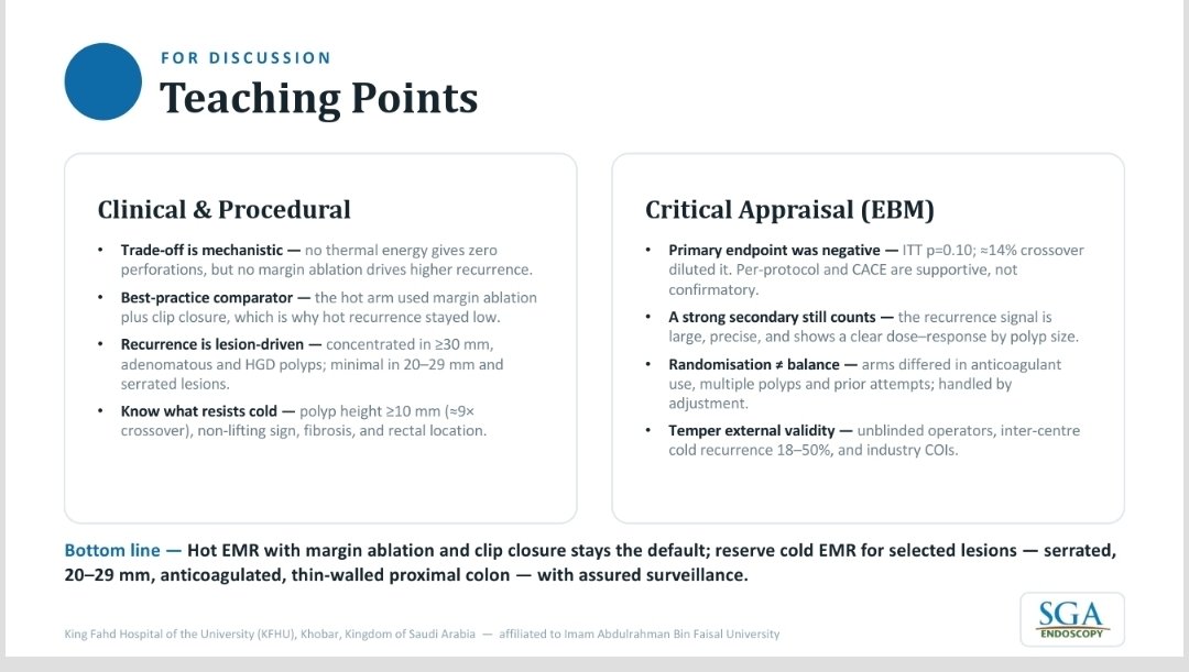 Taalamri's tweet photo. 🔥Good Journal Club sessions don't end with a conclusion. They end with people still arguing in the hallway.

That's roughly where we landed this month. The paper was the randomized trial pitting Cold EMR against Hot EMR for large colorectal polyps — solid design, clean execution, and exactly the kind of study that looks settled until you start pulling on it.

Then you pull on it.

Cold EMR came out looking safer. Fewer severe events, no perforations. But the primary endpoint didn't actually reach significance, and recurrence nearly doubled. So is it the safer technique or the weaker one? Depends entirely on whose polyp you're holding the snare over. A 25 mm serrated lesion in an anticoagulated patient is not a 35 mm adenoma with high-grade dysplasia, and pretending one trial answers for both is how good evidence gets misused.
That tension — safer signal, worse recurrence, no clean winner — is the whole reason the hour was worth showing up for. Nobody left with a protocol. Everyone left thinking harder about the next case.

Real thanks to #DrBashayerAlshreeif, who didn't just present the paper but stood in front of it and let it get questioned. That's harder than it sounds, and she did it well.

Thanks also to Dr. @Almotasembilla1 Rammal for running the SGA Journal Club the way it should be run — as a place to interrogate evidence, not applaud it. And to Dr. @majidalsahafi Alsahafi, Chair of the SGA Endoscopy Section, whose backing keeps this kind of education alive in our community.

What stayed with me afterward:
The technique doesn't choose itself. The lesion and the patient choose it.
Reading a paper is the easy part. Working out what it actually means for the patient in your room on Sunday morning — that's the part that takes the rest of us a career.
On to the next one.
#SGA #Endoscopy #JournalClub #TherapeuticEndoscopy #Gastroenterology
