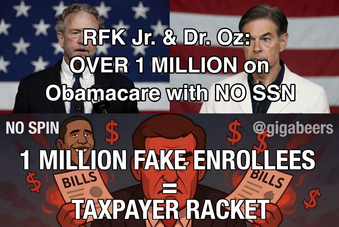 GigaBeers's tweet photo. 🚨 I’m PISSED! Trump Admin and RFK Jr. just blew the lid off this Obamacare scam. Over 1 MILLION fake enrollees with NO SSN. Stolen identities ghost people and crooked brokers stealing our tax dollars for years!

Dems knew damn well and looked the other way while real Americans get screwed with sky high premiums. This is straight up criminal!

Shut this crap down now. Cancel every fake policy recover the stolen money and save us taxpayers billions. Enough of this nonsense! Geezus!!