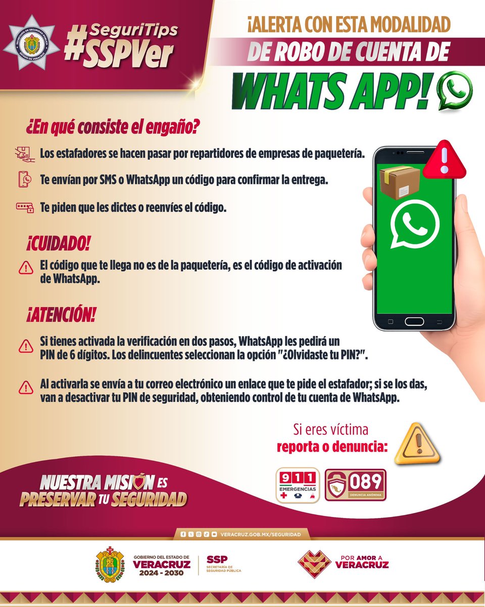 SP_Veracruz's tweet photo. #SeguriTipsSSPVer ⚠️ ¡No compartas códigos de verificación! Si alguien se hace pasar por una empresa de paquetería y te pide el código que recibiste por SMS o WhatsApp, intenta robar tu cuenta. 🚫 

🚨 Activa la verificación en dos pasos y protege tu información. 🔒📲 https://t.co/cw5lt8mjeF