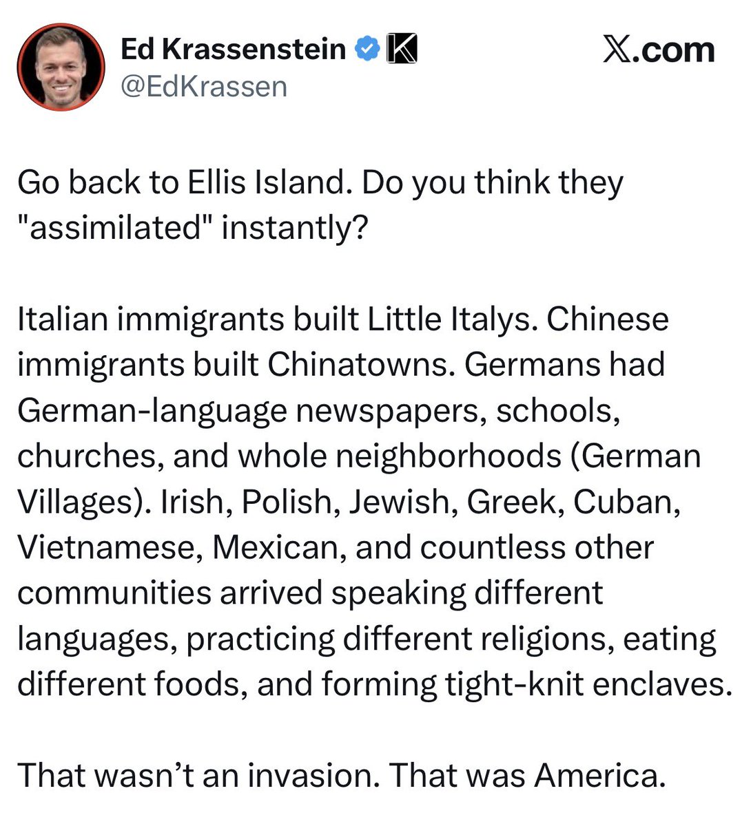 crushmarxismnow's tweet photo. We passed the 1924 immigration act that ended the Ellis Island experiment and reduced immigration by over 90% precisely BECAUSE all of those groups were coming here and forming enclaves rather than assimilating. https://t.co/Zu9xtQkaCF