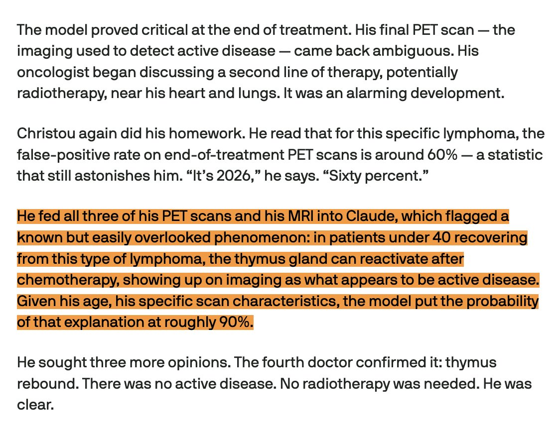 maxmarchione's tweet photo. A 3rd of American adults now use chatbots for health advice.

e.g. this founder had aggressive lymphoma and used Claude to help him go through chemo. 6 months later, he's clear.

His story is one of many showing AI is already filling gaps the healthcare system can't. https://t.co/0Dck4oAhEs