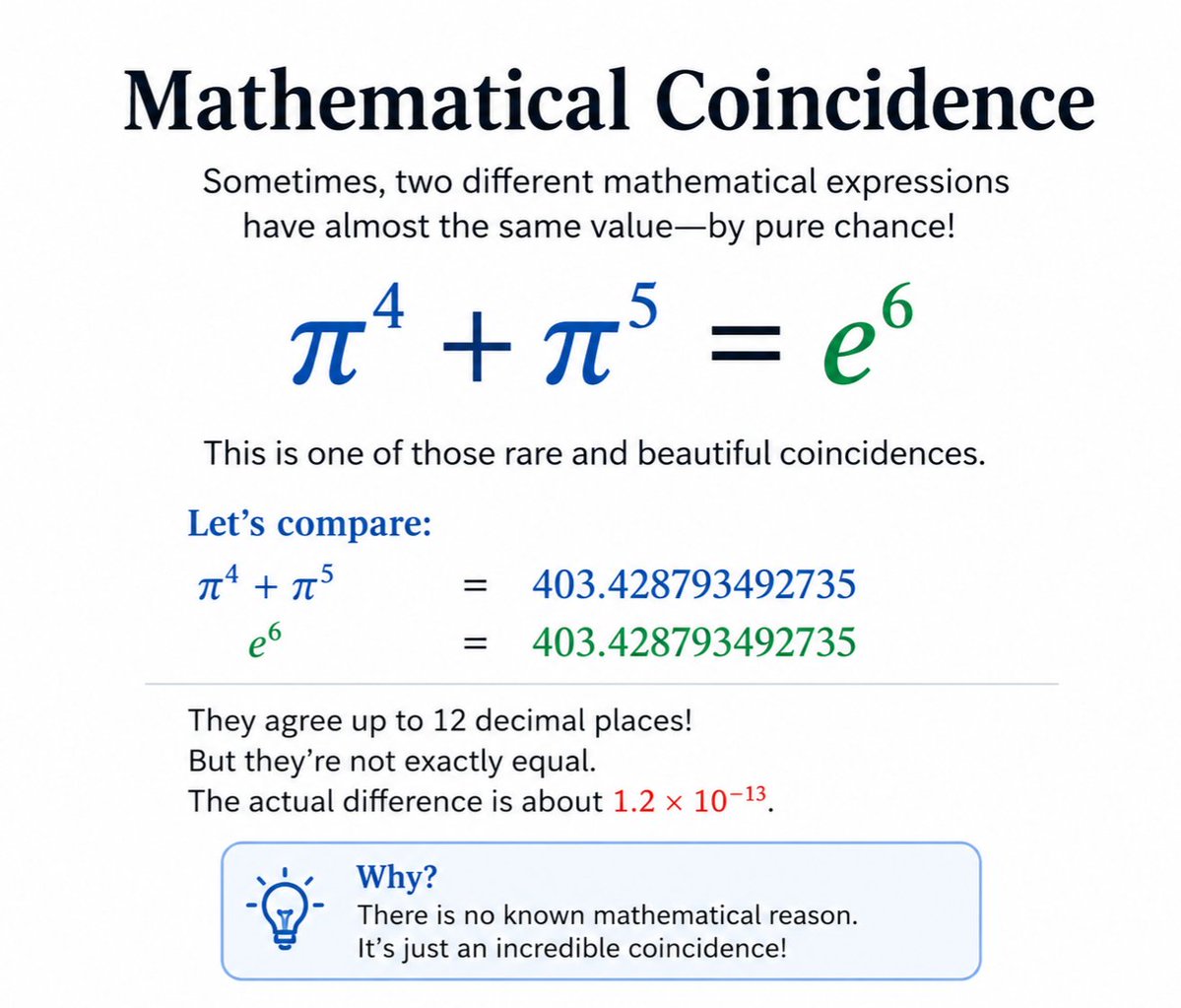 cosmosarcive's tweet photo. A mathematical coincidence occurs when two mathematical expressions are nearly equal, despite having no known theoretical explanation for their close agreement. https://t.co/oO9D80fpmc