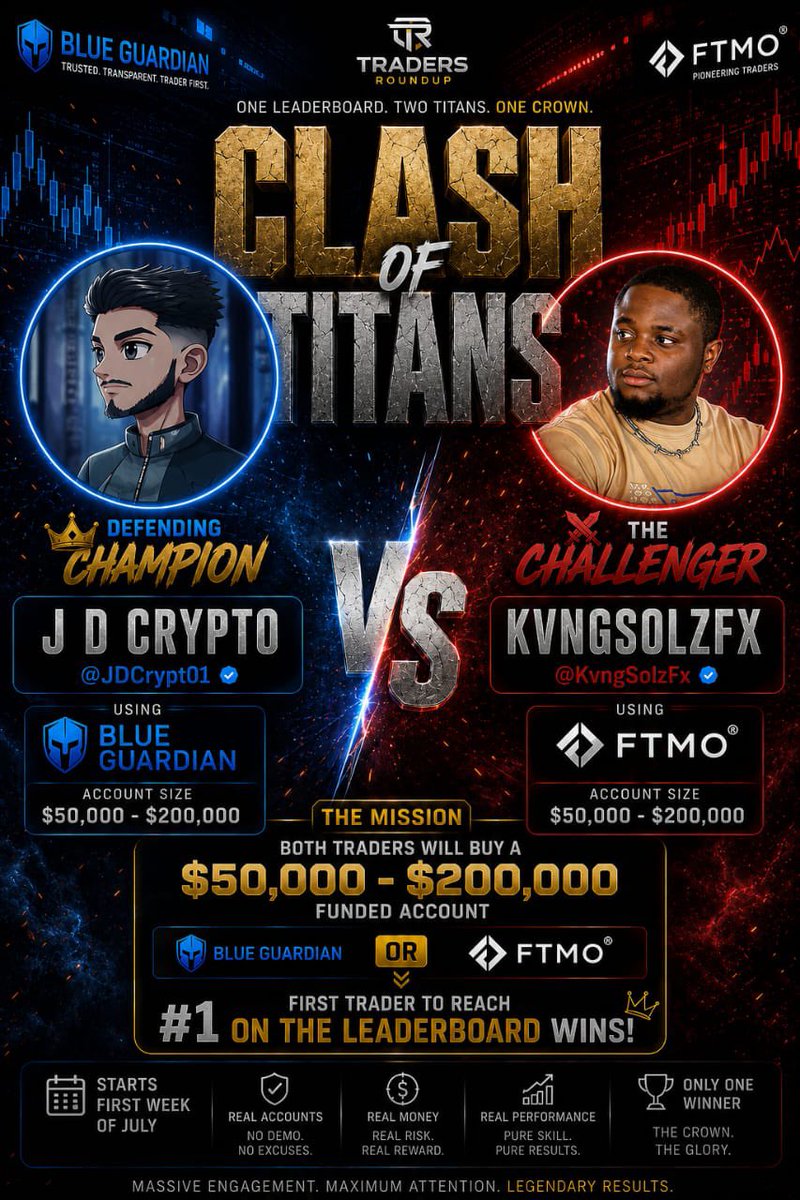 damibillions_'s tweet photo. This is bigger than a trading challenge.

It's reputation vs reputation.
Confidence vs composure.
Execution vs emotion.

By the end of this battle, only one name sits at the top.

Who's your money on? 🔥

🟦 @JDCrypt01 
🟥 @KvngSolzFx 

More info to follow 

#TradersRoundup #PropfirmChallenge #Skills #Forextrading