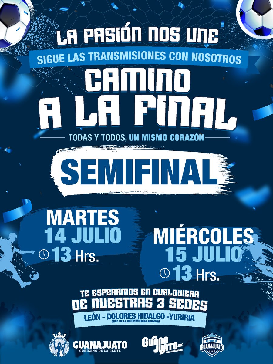 guanajuato's tweet photo. 🏆Cada vez estamos más cerca de conocer al campeón. La emoción llega a su punto máximo en el #CaminoALaFinal 🥳 Llegó el momento de apoyar con un mismo corazón.🇲🇽❤️ Arrancan los 16avos de final y tú no te puedes perder ninguna transmisión. Disfruta esta emoción en pantallas gigantes en cualquiera de nuestros tres destinos:
🦁 León: Explanada del Templo Expiatorio.
🇲🇽 Dolores Hidalgo Cuna de la Independencia Nacional: Jardín Principal.
✨ Yuriria: Plaza Cívica.
🗓 16avos de Final:
Domingo 28 Junio - 13 Hrs.
Lunes 29 Junio - 11 Hrs.
Martes 30 Junio - 19 Hrs.
Miércoles 1 Julio - 14 Hrs.
Jueves 2 Julio - 13 Hrs.
Viernes 3 Julio - 16 Hrs.
💥 8vos de Final:
Sábado 4 Julio - 11 Hrs.
Domingo 5 Julio - 18 Hrs.
Lunes 6 Julio - 13 Hrs.
Martes 7 Julio - 10 Hrs.
🔥 4tos de Final:
Jueves 9 Julio - 14 Hrs.
Sábado 11 Julio - 15 Hrs.
🏆 Semifinal:
Martes 14 Julio - 13 Hrs.
Miércoles 15 Julio - 13 Hrs.
🥉 3er Lugar:
Sábado 18 Julio - 15 Hrs.
👑 Final:
Domingo 19 Julio - 13 Hrs.