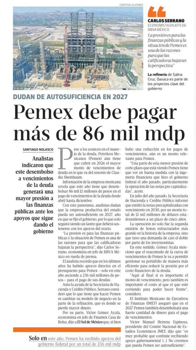 FDoringCasar's tweet photo. Antes de dejar @Pemex el violentador de Víctor Rodríguez dejo junto con @LuzElena_GE y @Claudiashein vencimientos de deuda pública para 2026 por 86,012 millones de pesos, el mayor monto en lo que va del sexenio con lo cual NO será autosuficiente en 2027 como lo prometió el "gabinetazo" energético

Además, la inversión física durante el primer cuatrimestre de este año con una caía REAL ANUAL de 47.4% (el violentador estuvo ahí hasta el 14 de mayo) fue la más baja desde 2008 para un período similar