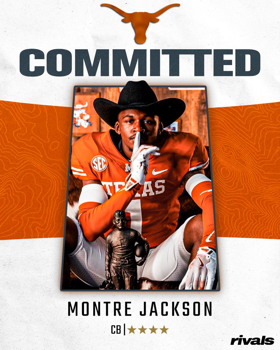 Rivals's tweet photo. 🚨BREAKING🚨 4-star CB Montre Jackson has committed to Texas🤘

Read: https://t.co/wVcnDWKNgO https://t.co/ki23Czfv6i