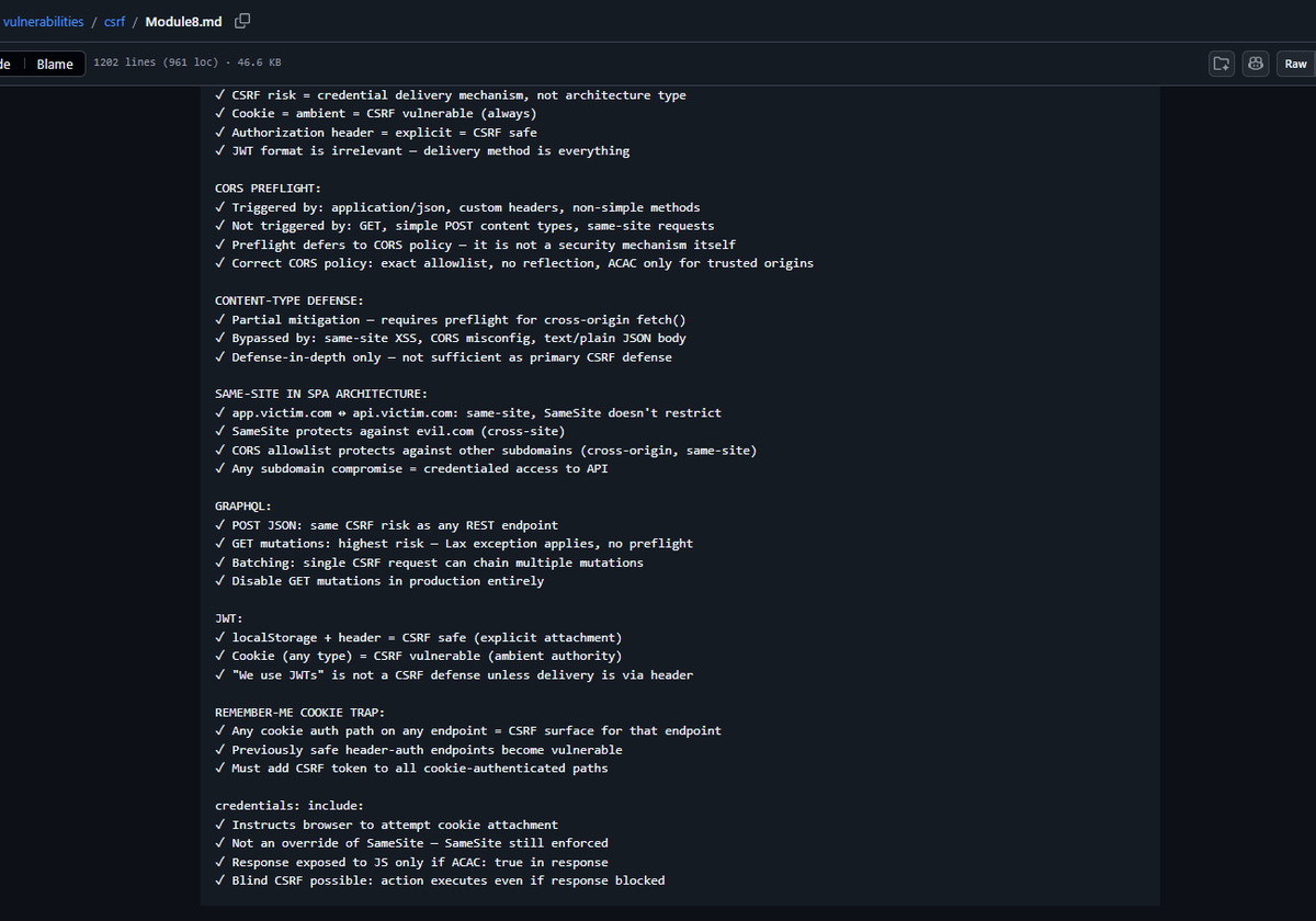 dvniel_exe's tweet photo. Day 58 ⚜️
- Today i looked at CSRF in mordern architectures. In case you haven't noticed my notes are generated by Claude and of course confirmed and cross referenced. Your cue to leverage AI efficiently
- More labs on Cylab too
#cybersecurity #csrf https://t.co/YcqIFptzCM