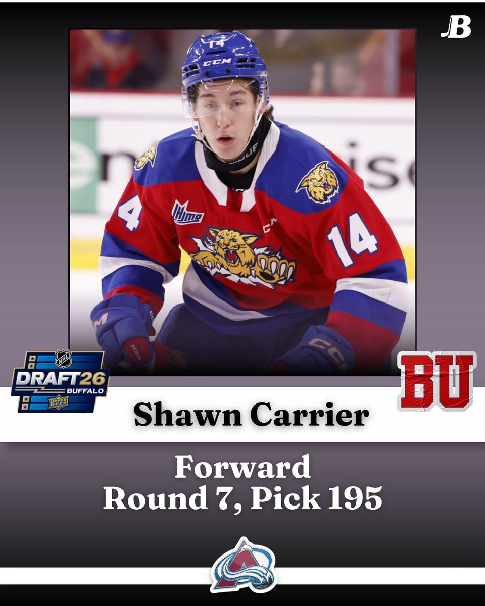 BOShockeyblog's tweet photo. Shawn Carrier has been selected by the Colorado Avalanche with the 195th overall pick in the 2026 NHL Draft. 

Carrier recorded 37 goals and 28 assists this past season with the Halifax Mooseheads. https://t.co/ipZWp941S1