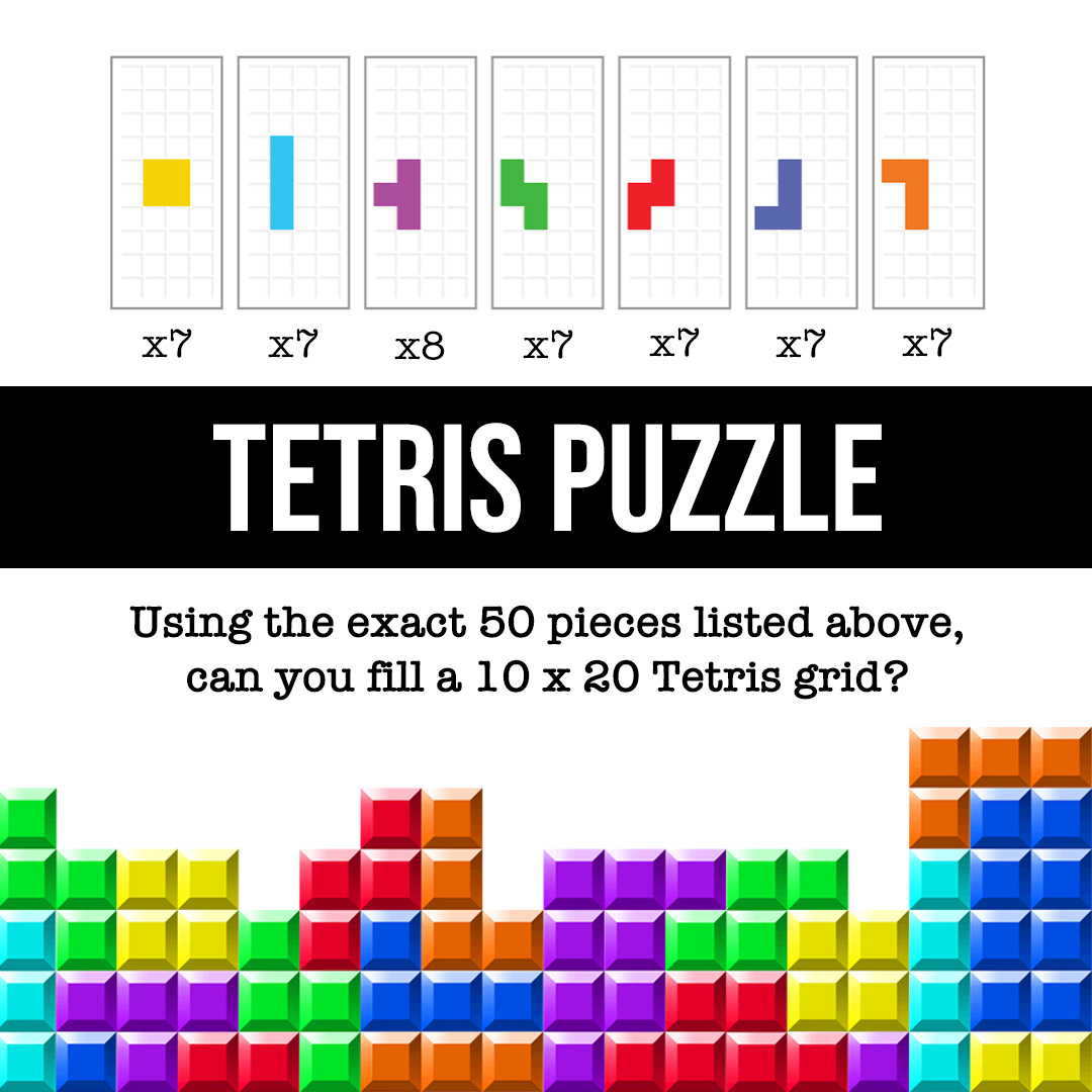 tomrocksmaths's tweet photo. Calling all maths fans - I need your help to solve this puzzle! 

Using the 50 Tetris pieces as specified can you perfectly fill a 20 x 10 grid? There are 7 copies of each of the 7 different tetrominoes, plus 1 extra T-shape. 

Send me your solution here: https://t.co/6JXaZqg1Tj https://t.co/pih07CXkjs