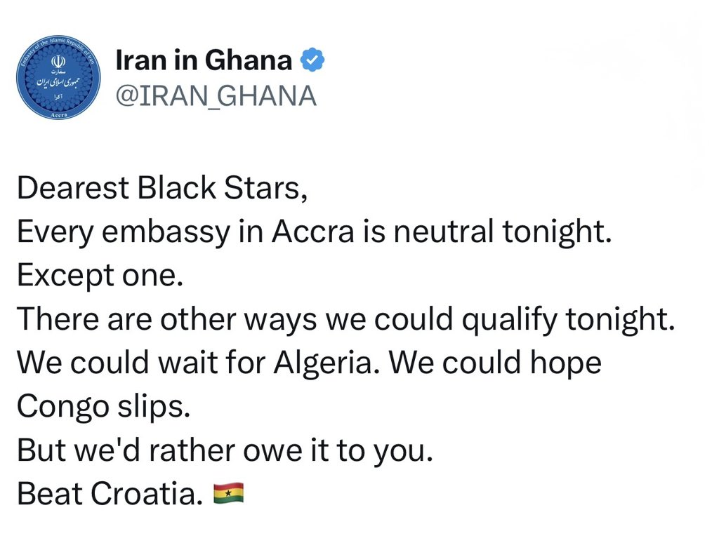 cdrafrica's tweet photo. 🇮🇷🇬🇭 Iran Embassy in Ghana writes to the Blackstars . https://t.co/cOm1d2GSWF