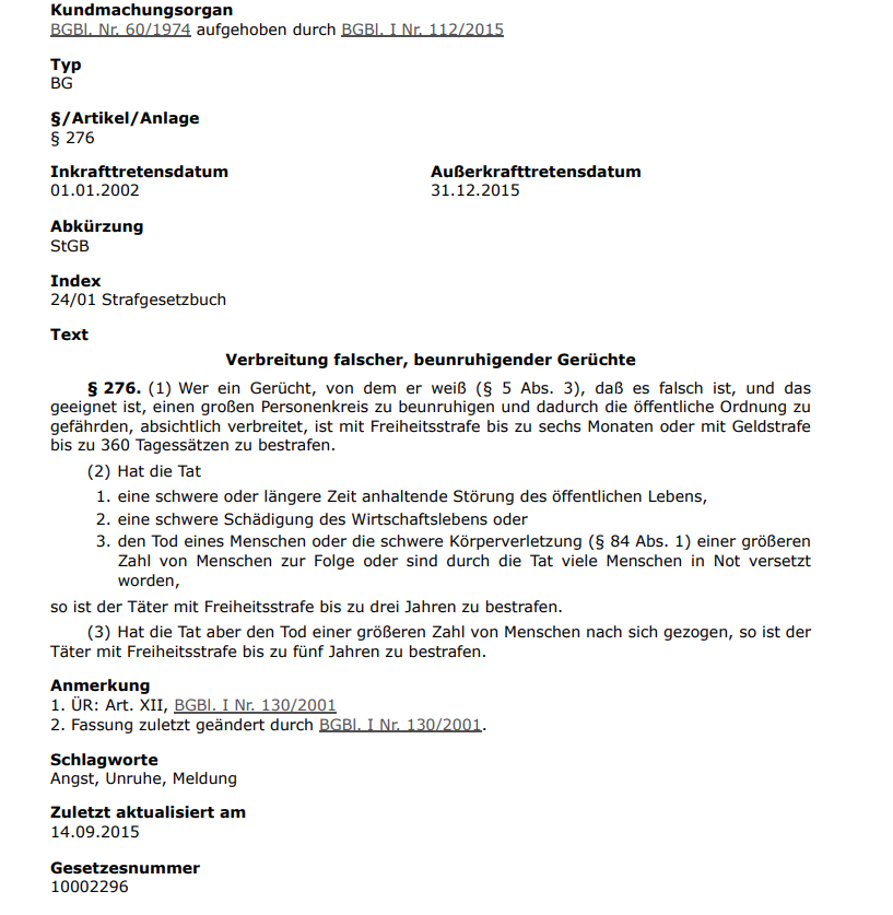 kaeferboeck's tweet photo. 🇦🇹 § 276 STGB
Das wissentliche Verbreiten falscher beunruhigender Gerüchte, welche dazu geeignet sind einen großen Personenkreis zu beunruhigen ist mit Freiheitsstrafe bis zu einem Jahr zu bestrafen Kommen Menschen zu Schaden bis zu drei Jahre 

Dieser Paragraph wurde 2015 abgeschafft. Im selben Jahr in dem Österreich den Vertrag zum Weltzukunftsplan (Agenda 2030) unterzeichnet hat

Während Corona und wahrscheinlich auch heute könnten wir vermutlich eine Menge Leute deswegen strafrechtlich verfolgen.

#politik #recht #klimahysterie #klima #orf #zib #zib1 #zib2 #fpö
