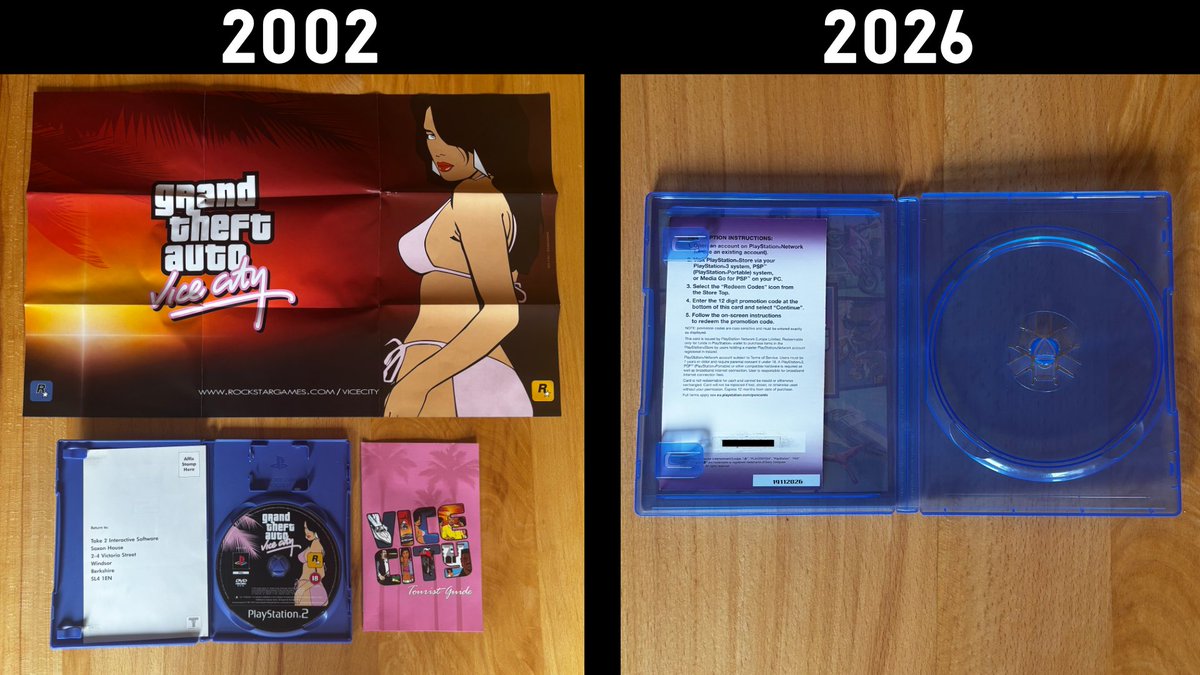 ViceSpot's tweet photo. Collecting GTA physical editions in 2002 vs in 2026 😭 https://t.co/AHPFA635b9