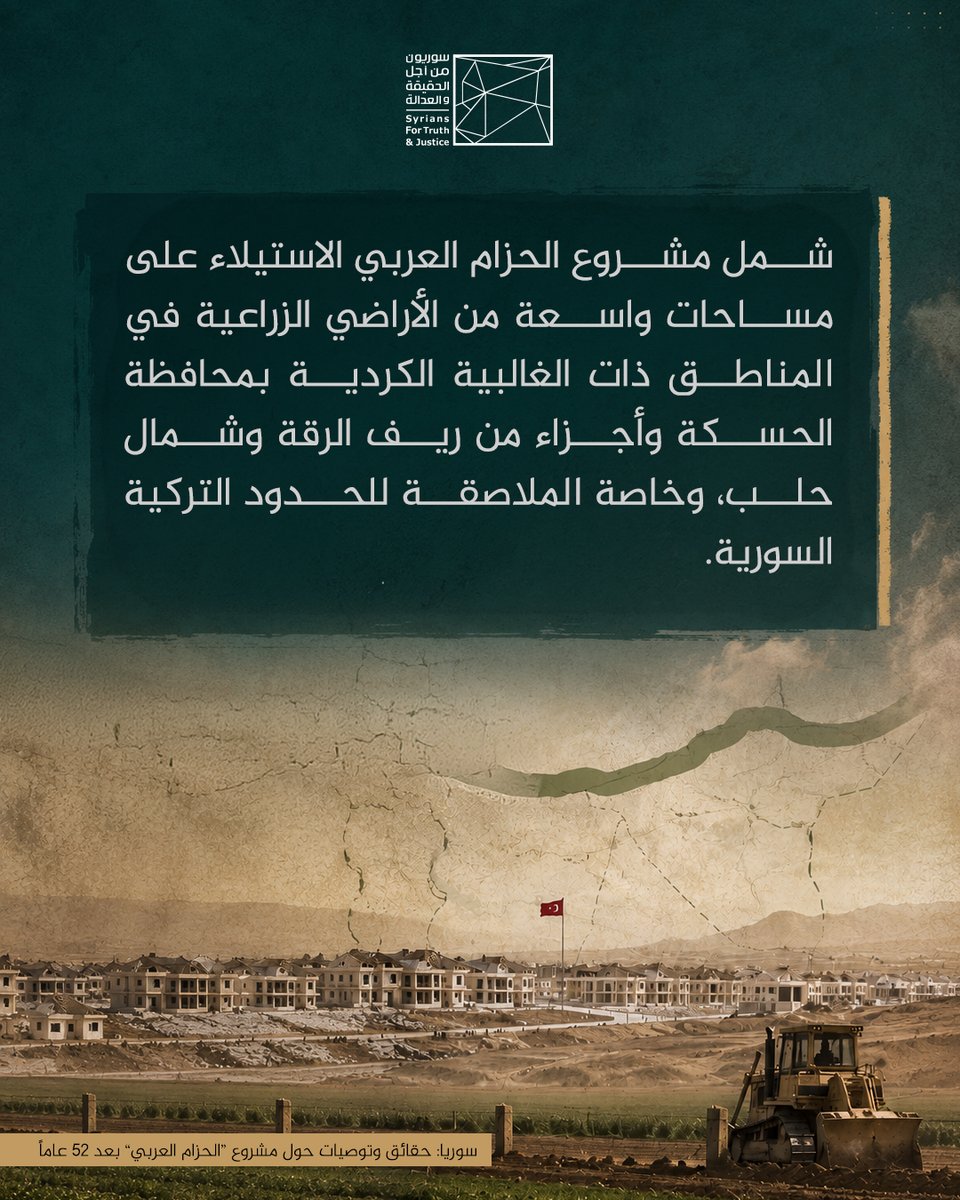 STJ_SyriaArabic's tweet photo. ◼ يُعد مشروع #الحزام_العربي أحد أبرز مشاريع الهندسة الديمغرافية في سوريا قبل 2011، وجذوره تعود لسياسات وإجراءات قانونية مقنّعة سبقت تنفيذه منذ سبعينيات القرن الماضي.
#الحزام_العربي #العدالة_الانتقالية #سوريا
📰 لقراءة التقرير: https://t.co/2TC7NRYWfF https://t.co/vFaiawYmvN
