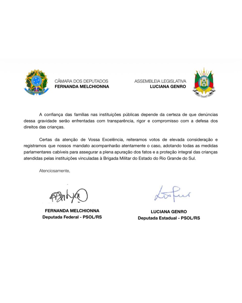 fernandapsol's tweet photo. 🚨🚨 Nosso mandato, junto com o mandato da deputada estadual Luciana Genro, acionou oficialmente a Secretaria da Segurança Pública do RS para exigir uma investigação imediata e rigorosa sobre o grave caso de ameaça contra uma criança em uma escola militar vinculada à Brigada Militar.

É inadmissível que um espaço que deveria ser de acolhimento, cuidado e educação se torne cenário de medo.

Estamos acompanhando cada detalhe de perto e adotando todas as medidas parlamentares cabíveis para garantir que os fatos sejam plenamente apurados e que os responsáveis sejam punidos.

Além disso, a deputada Luciana Genro vai levar o caso à Comissão de Direitos Humanos da Assembleia Legislativa, para reforçar a cobrança por respostas, responsabilização e proteção às crianças e à comunidade escolar.