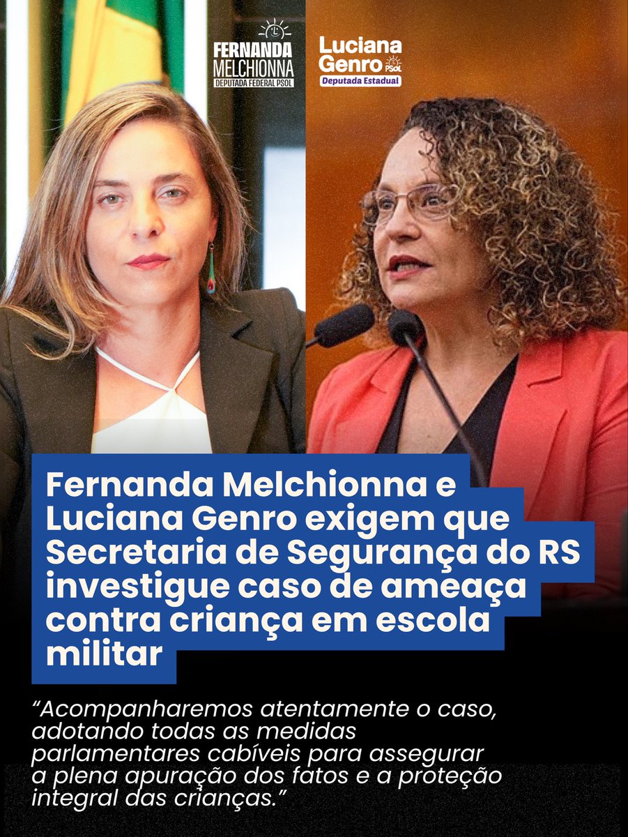fernandapsol's tweet photo. 🚨🚨 Nosso mandato, junto com o mandato da deputada estadual Luciana Genro, acionou oficialmente a Secretaria da Segurança Pública do RS para exigir uma investigação imediata e rigorosa sobre o grave caso de ameaça contra uma criança em uma escola militar vinculada à Brigada Militar.

É inadmissível que um espaço que deveria ser de acolhimento, cuidado e educação se torne cenário de medo.

Estamos acompanhando cada detalhe de perto e adotando todas as medidas parlamentares cabíveis para garantir que os fatos sejam plenamente apurados e que os responsáveis sejam punidos.

Além disso, a deputada Luciana Genro vai levar o caso à Comissão de Direitos Humanos da Assembleia Legislativa, para reforçar a cobrança por respostas, responsabilização e proteção às crianças e à comunidade escolar.