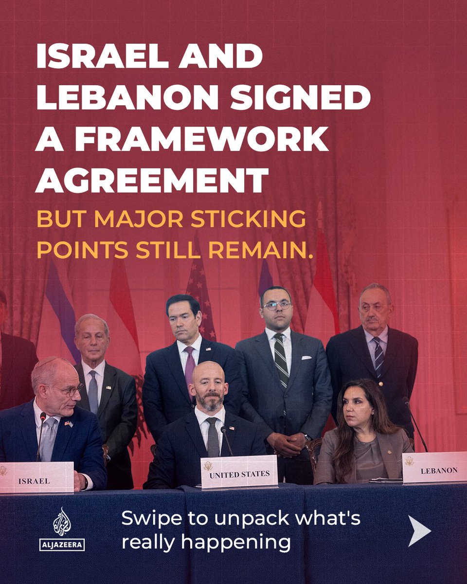 AJEnglish's tweet photo. Thread 🧵

Israel and Lebanon have signed a US-backed framework outlining steps toward reducing tensions, including a possible Israeli withdrawal from southern Lebanon and expanded Lebanese Army control. However, major sticking points remain.

#Infograph https://t.co/jpMS5RON3y