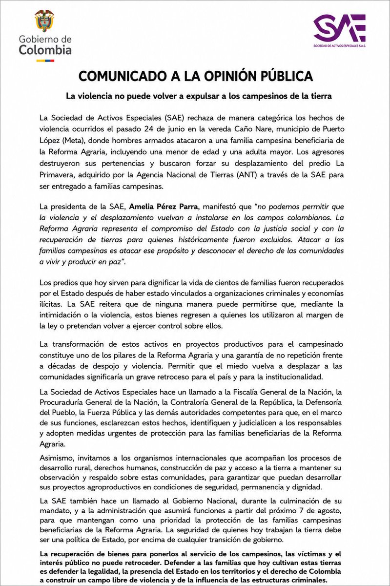 activosSAE's tweet photo. 🚨🚨🚨 Rechazamos de manera categórica los hechos ocurridos en Puerto López, Meta. Defender a las familias beneficiarias de la Reforma Agraria es defender la legalidad, la paz y el derecho a construir un campo libre de violencia.
La violencia no puede volver a expulsar a los campesinos de la tierra.
@infopresidencia @petrogustavo