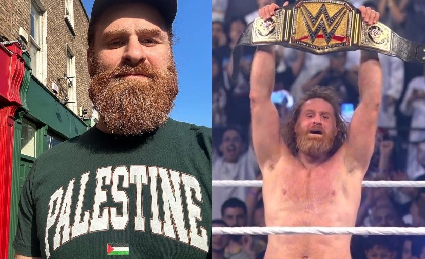 Ace109610's tweet photo. A moment for Sami Zayn and Palestine 
This is what it means for the world 🇵🇸 
#WWENOC https://t.co/KiJHlKZRmm