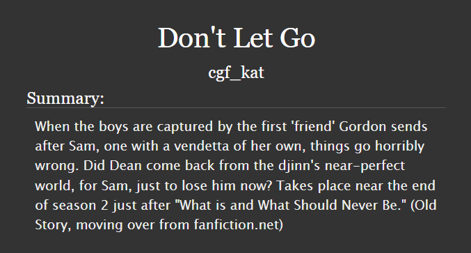 spnficrec's tweet photo. fic of the day: don't let go
https://t.co/EolVGgX5iN
words: 93.8k
pairings: dean &amp; sam, bobby &amp; dean &amp; sam
rating: teen and up audiences
warnings: graphic depictions of violence
status: complete https://t.co/LPuPMoicx7