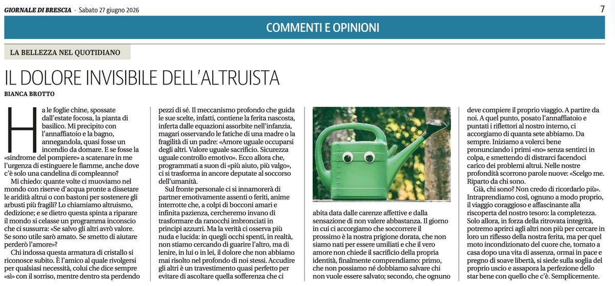 BiancaBrotto's tweet photo. IL DOLORE INVISIBILE DELL'ALTRUISTA
Giornale di Brescia, 27 giugno 2026
https://t.co/JftaCryYSF https://t.co/BsY54H61Zw