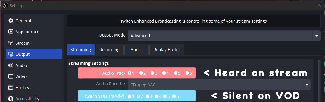 chaiimisu's tweet photo. 🎵 How to Separate VOD Audio in OBS/Streamlabs 🔊

Recently someone asked me how to separate audio for Twitch so certain things like music don't get retained on the VOD but are heard on stream! Let me walk you through it! It's so easy!

In OBS/Streamlabs right click on your audio mixer > Advanced Audio Properties. Here you can dedicate certain audio sources to certain tracks I have everything checked for my "stream track" [track 1] and everything but music (in my case Spotify/Youtube but you can do this with anything honestly) for my "VOD track" [track 2] and if you like to record you can customize the other tracks as you like, if not just ignore them and uncheck any audio sources you don't want on your VOD track by unchecking them!

Next we have to set up the VOD track. Go to Settings > Output > Check "Twitch VOD track" and select your track you set up previously! 

Now you can play music all you want on Twitch and the VOD will retain none of the music sources! You can add in a back track with other music afterward if you'd like or just let the games music/audio fill in the space instead! 

Some notes:
1.} YouTube does NOT have audio separation if you stream from YouTube Studio nor does Restream offer audio track separation so be careful when multistreaming using this service and playing music! 

2.} I highly recommend using Aitum Multistream as it can use your stream software settings and separated audio tracks and it's free and really easy to set up honestly. 

3.} I also am not sure if the VOD separation works on Youtube, I have yet to be brave enough to test it but if someone knows for sure please let me know! 

4.} Like I mentioned with Youtube, TikTok studio does not have the ability to separate audio. I personally Aitum Vertical to mirror my Vertical OBS source to TikTok Studio and they don't care about music so it doesn't matter anyway! (Let me know if you want a tutorial on this) 

I's appreciate ♡ + ↺ if you found this helpful and ask any questions! I'm happy to answer them! 🩷