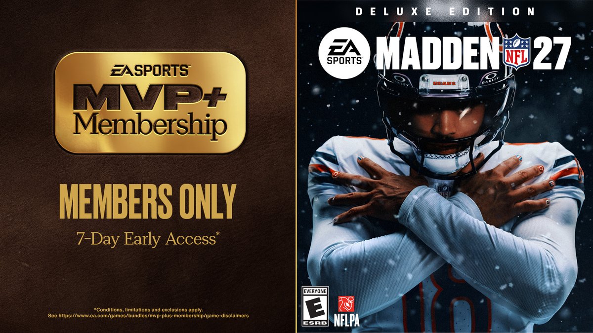 EAMaddenNFL's tweet photo. Become MVP+ Member by 7/1 to get 7-Day Early Access and more! #Madden27 

🔗 Xbox: https://t.co/XjMw71S682 
🔗 PlayStation: https://t.co/14NSZMygKi https://t.co/bVvZWZGds4