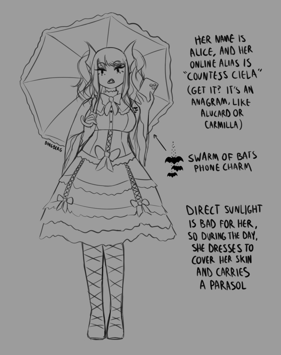 Doinkberg's tweet photo. Sketch of a new character I'm working on. She's a vampire who became an online celebrity that leans hard into the vampire thing so she can "hide in plain sight" by pretending she's just a cosplayer playing a character...and also so she can get easy access to blood from her fans. https://t.co/8P99U5lDi3