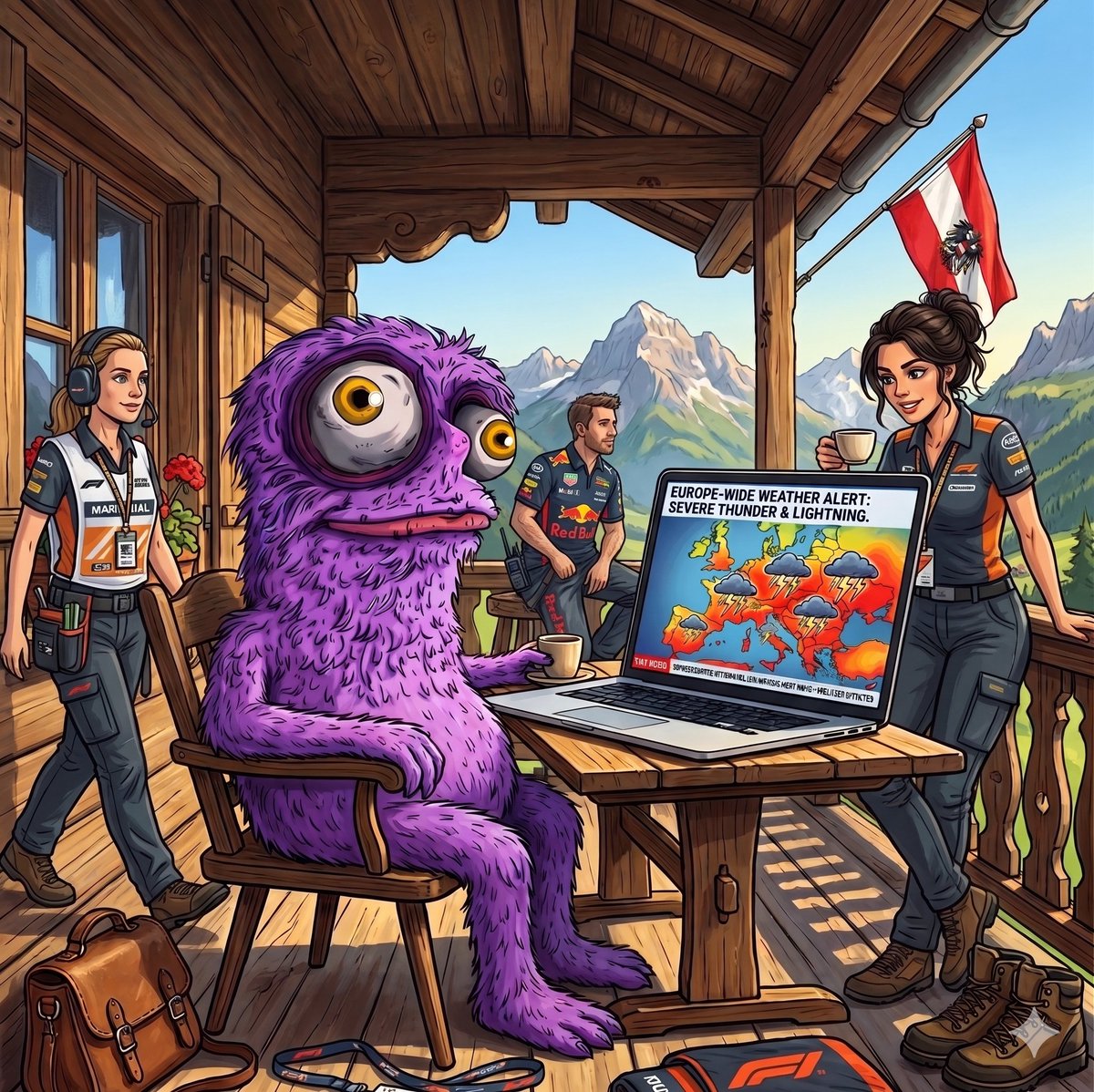 sollememe's tweet photo. Post-quali vibes up in the Austrian mountains! ๐๏ธ๐๏ธ
After today's exciting #F1 qualifying - and the double yellow flag issue - #Solle is now kicking back with some of the pit crew after an intense session at the #RedBullRing today. And he's glued to the news right now watching these crazy European #heatwave #storms roll in. โก๐ฉ๏ธ
Fingers crossed the weather holds off for tomorrow's #Austrian Grand Prix. We're ready for lights out, not rained out! ๐ค๐๐ฆ
#AustrianGP #F1 #Austria #RedBullRing #RedBull #Mercedes #Ferrari #McLaren #FormulaOne #Crazy #Weather #Solle #Solana #SOL #SolleSphere #ApparentlySomethingsComing ๐