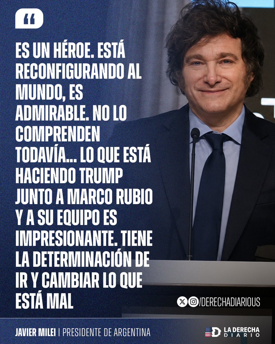 DerechaDiarioUS's tweet photo. 🚨🇺🇸🇦🇷 | FAROS DE OCCIDENTE: El presidente argentino Javier Milei destacó el trabajo que llevan adelante Donald Trump, Marco Rubio y sus equipos para defender los valores occidentales y dar la batalla contra el comunismo y el terrorismo en el mundo.

"Es un héroe. Está reconfigurando al mundo, es admirable. No lo comprenden todavía... Lo que está haciendo Trump junto a Marco Rubio y a su equipo es impresionante. Tiene la determinación de ir y cambiar lo que está mal".