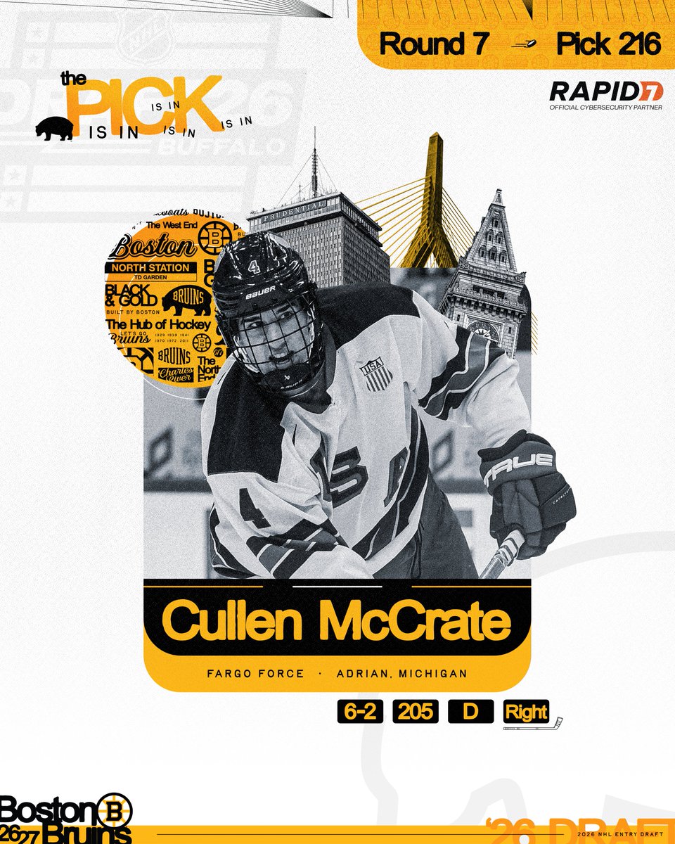 NHLBruins's tweet photo. With the 216th overall pick in the 2026 #NHLDraft, the #NHLBruins have selected defenseman Cullen McCrate. https://t.co/a1RsfIm00r