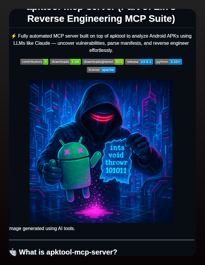 tom_doerr's tweet photo. Reverse engineers Android APKs using LLMs and apktool

https://t.co/VSZ8XO8TQI https://t.co/LReYDWn3b6