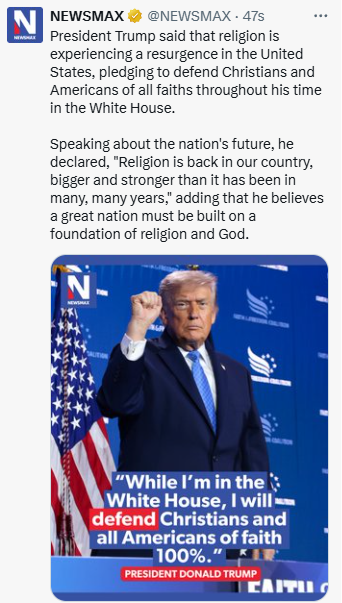 4HumanUnity's tweet photo. Religion's back, he says?

Somewhere tonight a Haitian mother, who went to church every Sunday, raised her kids believing, and prayed for this country more faithfully than most, is packing a bag because his Supreme Court just told her she doesn't belong here.

Somewhere a veteran is sleeping outside the church with nowhere to go. And a kid goes to bed hungry because the man "defending Christians" just cut their food assistance to give tax cuts to himself.

Food insecurity jumped from 15% to over 41% in 2025. And that's from "News"Max.

Jesus was very specific about what faith looks like in practice.

Feed the hungry. Heal the sick. Welcome the stranger.

Not one of those made the Faith & Freedom Coalition agenda.

One prays to Jesus. The other would deport him back to the Middle East to be prosecuted.

Know the difference.