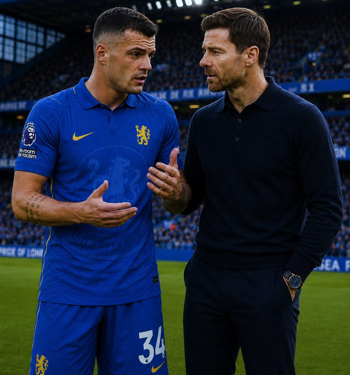 CFCJnR's tweet photo. Granit Xhaka already completed his coaching badges, he is going to be like a player manager.

He would be Xabi Alonso assistant coach at Chelsea, but on the pitch, leading from there. https://t.co/c1Jgpkj5eB