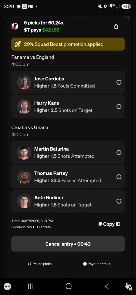 Cisc081's tweet photo. @Underdog explain this???!!!! My buddy tailed my parlay as part of squad boost, my multi is 38x , his is 60??? Wth is that? https://t.co/NVy718Fgv3