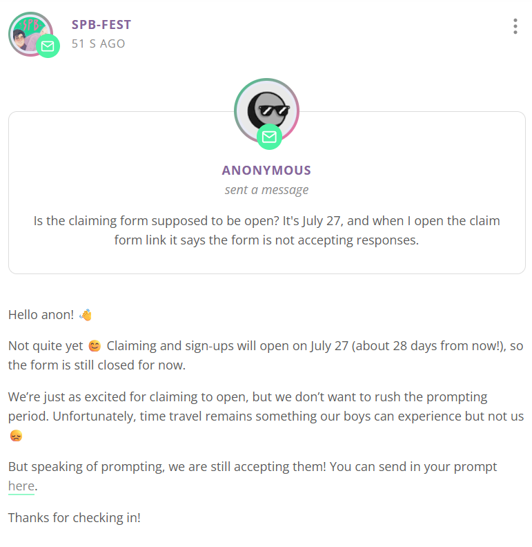 spb_fest's tweet photo. A question from Tumblr today:

⏱️ 22 days until prompting closes!
⏱️ 28 days until claiming/sign-ups open!

Still plenty of time to submit a prompt. Also lots of time to figure out which prompt you want to claim!

(Seriously, we wish time travel was real) https://t.co/jcJWOsAOG1