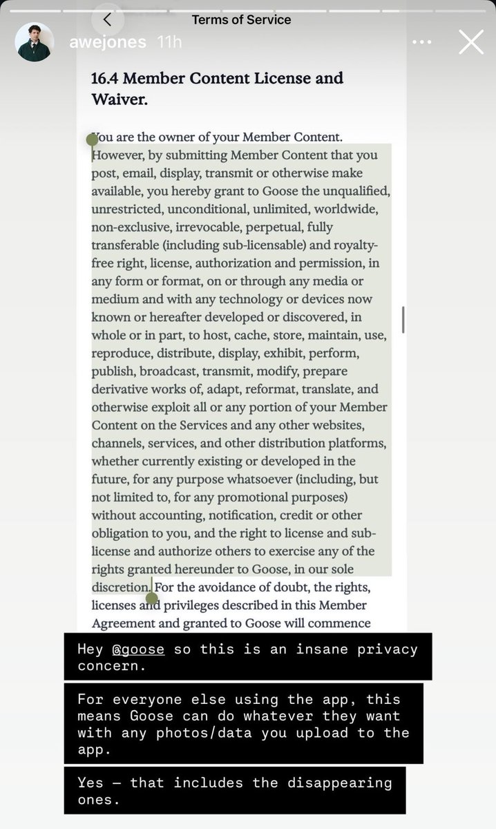 alexaldente's tweet photo. Goose: we’re for the boys 🥰

Also Goose, quite literally, in their terms of service: we will actively exploit you and we own anything that you upload or send on our app in perpetuity 🥰

(Thank you @awejones for clocking) https://t.co/3gQuFIPLGU