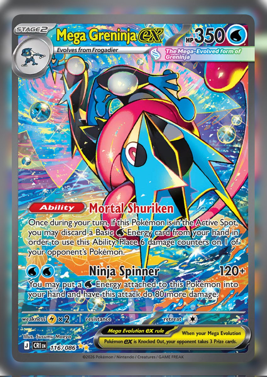 DannypTCG's tweet photo. Did you pay $600 for the Mega Greninja ex from Chaos Rising? 

A month ago it was being sold for $600.

Today you can buy it for about $280.

It's continuing to go down. Maybe the frog hype is dying a bit? Or just way too easy to pull? https://t.co/WEiQmj4wbU