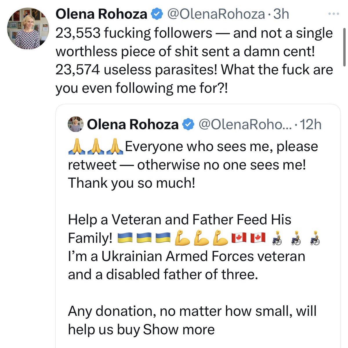 abstractedaway's tweet photo. @JohnCleese John, the Rohozas are widely called out by Ukrainians as scammers, and this is how they acted when found out.  Don't help them pose as legit. https://t.co/FrsGjeKDmu