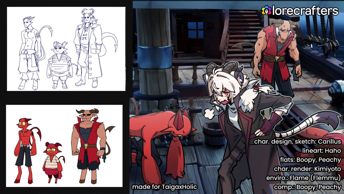 heylorecrafters's tweet photo. LORECRAFTERS x TAIGAXHOLIC: 
PRODUCER'S LOG ✒️

🏴‍☠️ Every captain has a tale of mutiny...this one tells you what comes after. 🏴‍☠️

Here's the lore behind the lore video that we at Lorecrafters produced for @TaigaxHolic! (Take a shot every time we say "lore".)

This is also the first producer log we're writing under our name - so buckle up, because we're doing this properly.

When Taiga came to us, they actually had loose boards and rough script already down: decent progress on a betrayal-and-rebuild concept, but the project had gotten stuck partway through - with no clear way to the finish line. So that's where we came in.

Thankfully, dealing with stuck scripts, pre-defined spec, and prior revision hell is something our founder/director @CarillusArt has a long history of operating on. He's done it for Silvervale's and kson's lore videos with VShojo, and also for FSP Ravanis' lore videos. 

Cari's past VTuber lore work also includes solo writing, directing, and (sometimes) drawing for a string of indie VTubers in the early 2020s - including BakaSae, girl_dm, rpr, Senz, and Buffpup. 

Unblocking a stalled narrative and bringing it all the way home - all while still letting the VTuber's own voice shine through - isn't new for him (and us) at all...but it's not just indies we've got range on ☕️

If you don't know us: our founders made one of the earliest corpo VTuber lore/comic videos from the ground up. 

Calli's Christmas Catastrophe (a 3-part series from 2021) was actually written, drawn, art- and voice-directed, AND produced by us + a team we handpicked ourselves. That's always been ours, full stop. 

This project actually reunited us with one of the video editors from that Calli series, who brought in real motion-design chops to make the whole thing feel alive - adding the kind of polish that turns "powerpoint anime" into something more.

Paired with our audio engineer's ear for proper cinematic sound design, we got to make something that shows the difference between a video that just has music under it - and one that actually sounds like it was custom-scored, with proper attention to ambient soundscapes.

The rest of the team have their own stories worth naming, too. Two of our artists came up through a rough first sequential art project before this one - resulting in an experience that left them needing a real guided production to prove what they were actually capable of. 

Cari invested a LOT of time doing real scaffolding, mentorship, and direction with them; giving them proper workflow and technique improvements to digest and use - not just handing down cursory notes. Watching them grow into the work was its own quiet win, and we're stoked to keep building with them.

It's one of the parts we're proud of as a studio: we aim to build people and their stories up together, instead of just polishing what's given to us and calling it a day. Sure, we engineer and support the story's structure - but the story itself is always theirs, whether it's VTuber lore or a personal growth arc.

And we refuse to impose our voice on someone else's, because that's just handing someone an expensive, ill-fitting costume of a "narrative" and sending them on their way - not something built to last long after the debut stream is over.

Our own build-back-up journey clearly showed up in the process as well. We included a much more deliberate pre-production phase for this project than we had ever run before - starting with actual character design sheets for Taiga and their crew that went through real approval rounds. 

(Also: continuity checking is hard, and our artists deserve all the credit for making sure Taiga always had their ponytail and ribbon in all the frames 🤭) 

Midway through, we built an actual custom internal dashboard and a VA-friendly script studio to replace what used to just live loose in Google Sheets and various folders - fully shaped by what the team actually flagged as workflow needs, not featuremaxxing for its own sake.

We also added a dedicated compositing phase this time around (the difference between "nice colors" and "this actually feels cohesive and real"), and trained our artists in it from scratch...even while knowing it would cost us time upfront. But we figured it was a time investment that would pay off in spades down the road - and it did.

All of these are small, unglamorous things - but they're the kind of stuff you only build when you're taking the craft seriously for the long run as we do, not just clearing the next deadline.

By now, it should be pretty clear that this project means something to us beyond the brief. Lorecrafters has its own history of being knocked down for reasons that weren't fully ours to control - it's part of why the studio exists at all! - and finding our way back to doing the work we love anyway. We know what that struggle costs, and we know what that's worth to those who keep at it (spoiler: a LOT.) 

A redebut can mean different things to different people. To us, it's a VTuber called Taiga - and in this case, also a whole team, founders included - deciding to stand back up and try again. Which...is pretty much what's playing out inside the lore video too, and being trusted with that story isn't something we take lightly.

Something worth saying, though: 
We can't take credit for the amazing hand-animated sequences later in the lore video (the magical girl transformation, and the kraken battle). That's all other skilled people doing great work under Taiga's direction! 

It was honestly nice to see that Taiga themselves (outside of the in-lore version, heh) had a solid crew supporting their redebut journey; we just made sure that their work was carefully incorporated into the final stitched video, and made sure the sound design + audio mixing was cohesive throughout. The added impact of those animated cuts was absolutely worth it.

So...thank you SO MUCH to our team at Lorecrafters who trusted us to bring y'all along for this ride, especially while we founders were still finding our own feet again. We really couldn't have done this without you ♥️

And most of all: thank you, Taiga. We're proud to have been part of your build-back-up journey, and we wish you continued strength and self-improvement ahead 🙏 Onwards and upwards!

Full production credits below 🎬

~ @RAINAplease (@heyacazz)
Lorecrafters Founder/Producer

(...if you actually took a shot every time we said "lore", enjoy the hydration 🍻)